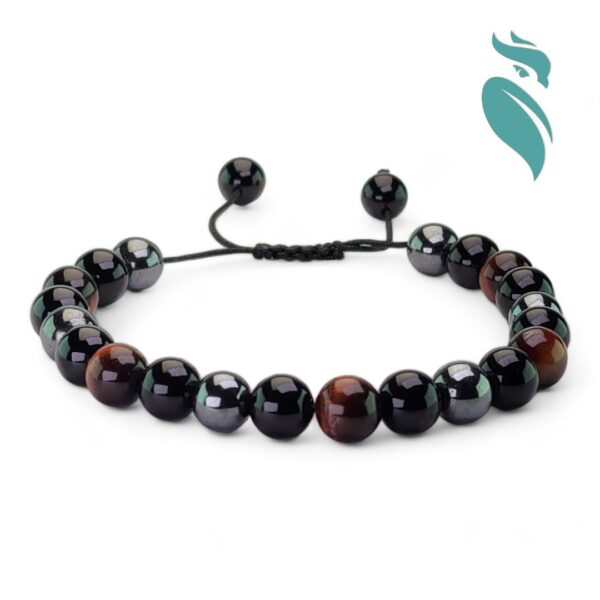 Tri-Stone Harmony: Red Tiger Eye, Obsidian & Hematite Bracelet