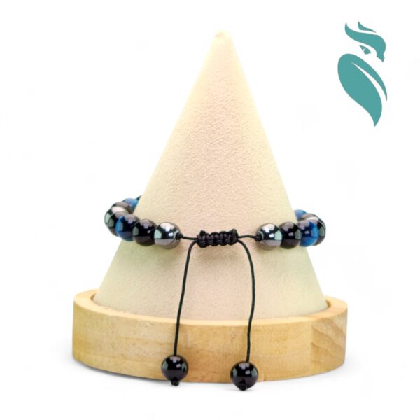 Royal Blue Harmony: Blue Tiger Eye, Black Obsidian & Hematite Woven Bracelet - Image 6