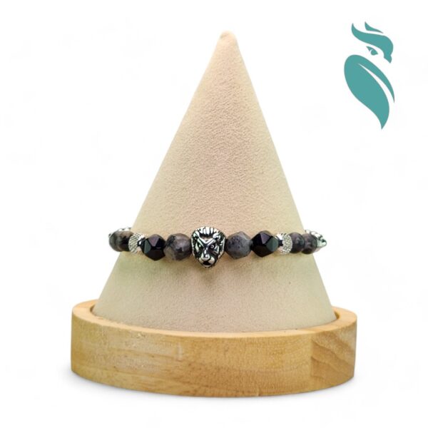 Lion's Valor: Faceted Black Spectrolite with Lion Head & Stainless Steel Finish Bracelet - Image 5