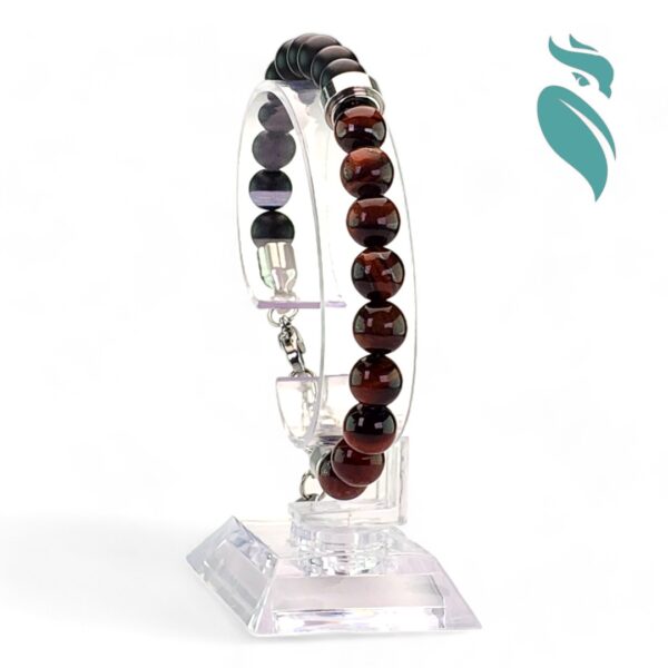 Crimson Frost: Red Tiger Eye & Frost Black Stone Bracelet with Stainless Steel Finish - Image 3