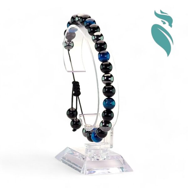 Royal Blue Harmony: Blue Tiger Eye, Black Obsidian & Hematite Woven Bracelet - Image 3