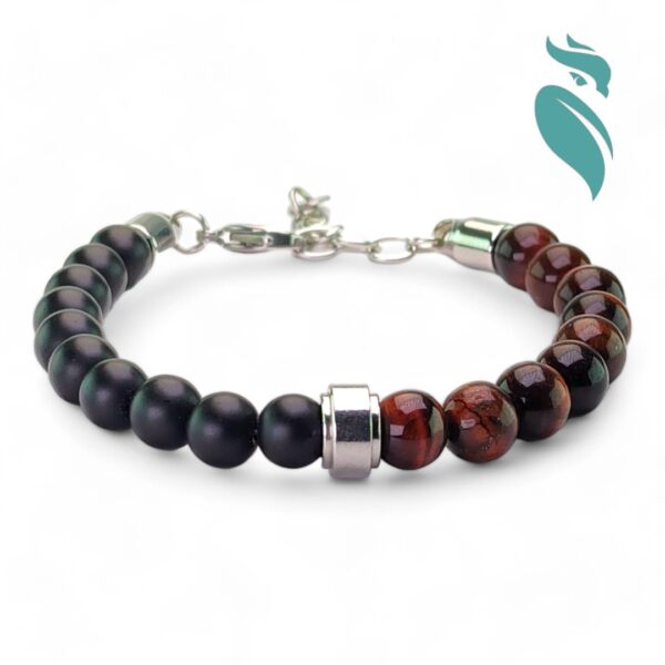 Crimson Frost: Red Tiger Eye & Frost Black Stone Bracelet with Stainless Steel Finish