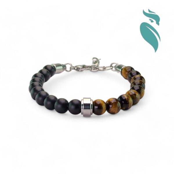 Golden Frost: Yellow Tiger Eye & Frost Black Stone Bracelet with Stainless Steel Finish