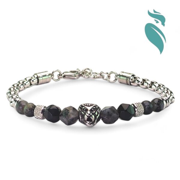 Lion's Valor: Faceted Black Spectrolite with Lion Head & Stainless Steel Finish Bracelet